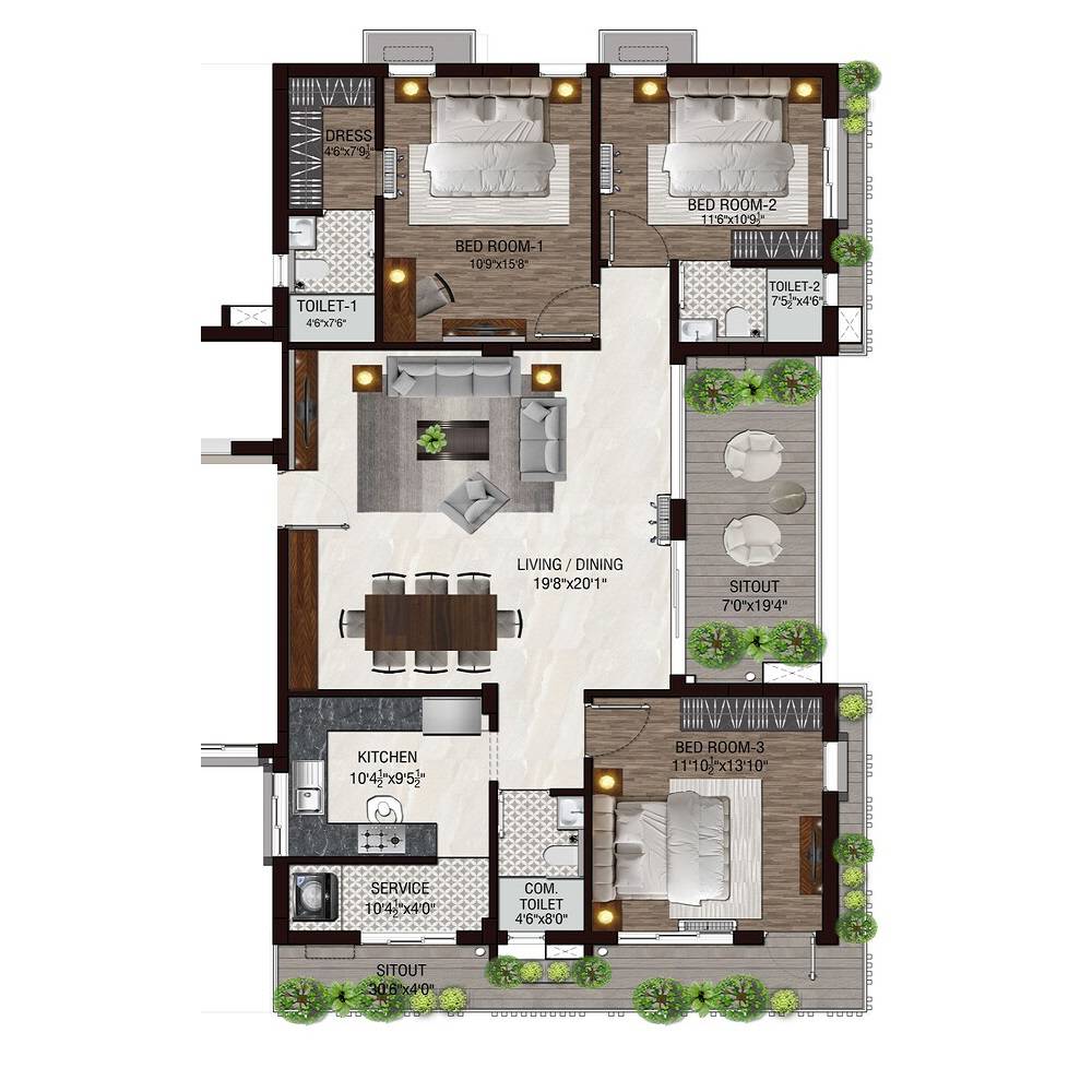 Floor plan of 3 BHK 2434 Sq. Ft. Apartment in Atria Aikya, Chennai