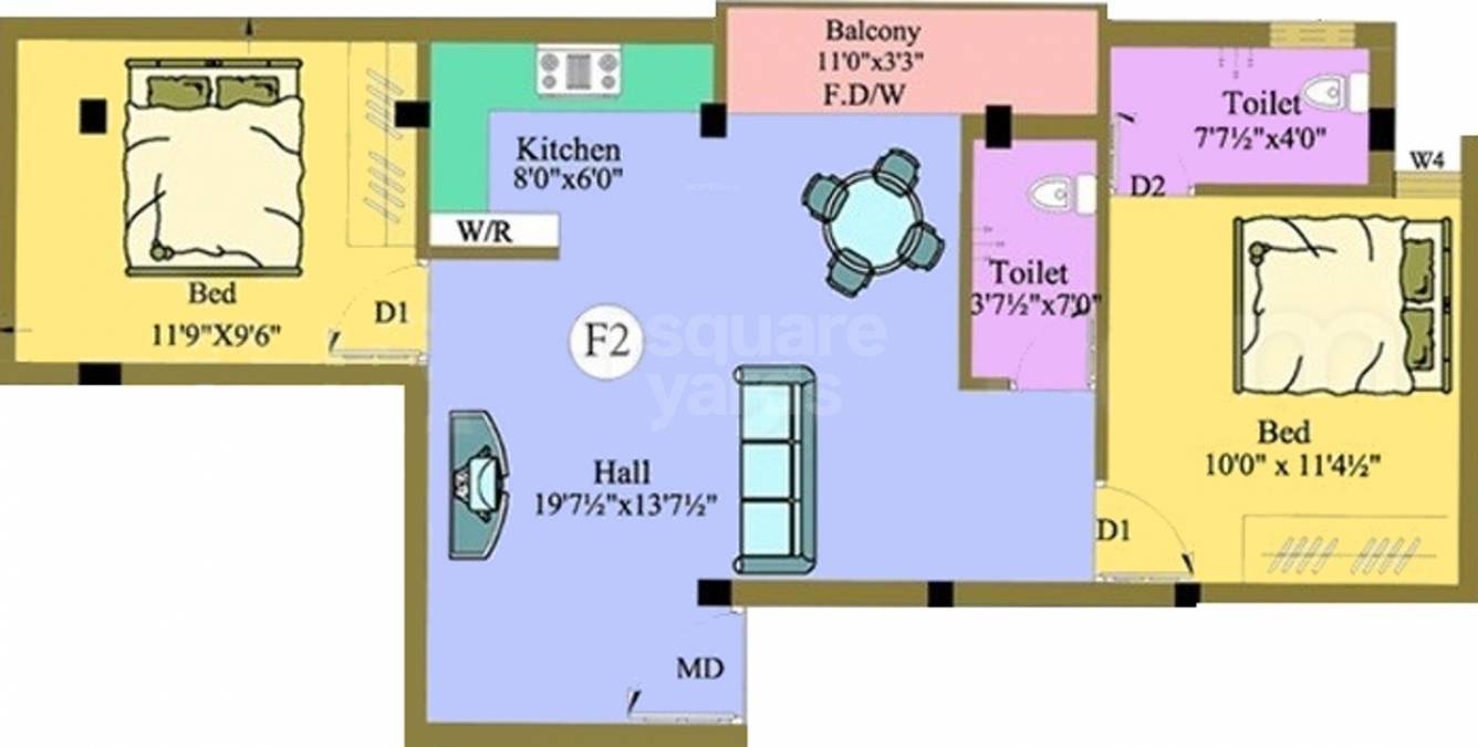 Floor plan of 2 BHK 827 Sq. Ft. Apartment in AV Anandamaya, Chennai