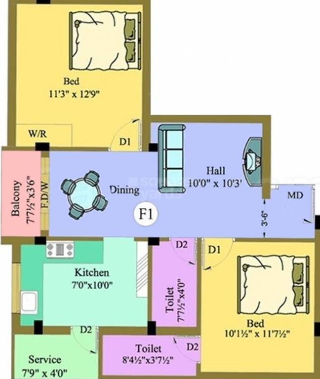 Floor plan of 2 BHK 897 Sq. Ft. Apartment in AV Anandamaya, Chennai