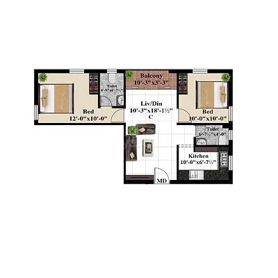 Floor plan of 2 BHK 841 Sq. Ft. Apartment in AV Swarnam, Chennai