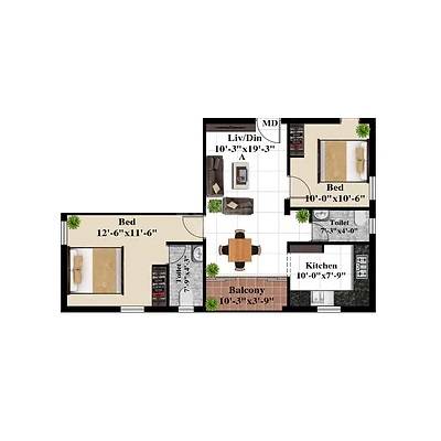 Floor plan of 2 BHK 948 Sq. Ft. Apartment in AV Swarnam, Chennai