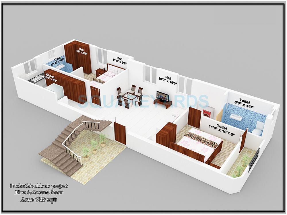 Floor plan of 2 BHK 764 Sq. Ft. Apartment in Avanthikkaa Tenements Ruthraa, Chennai