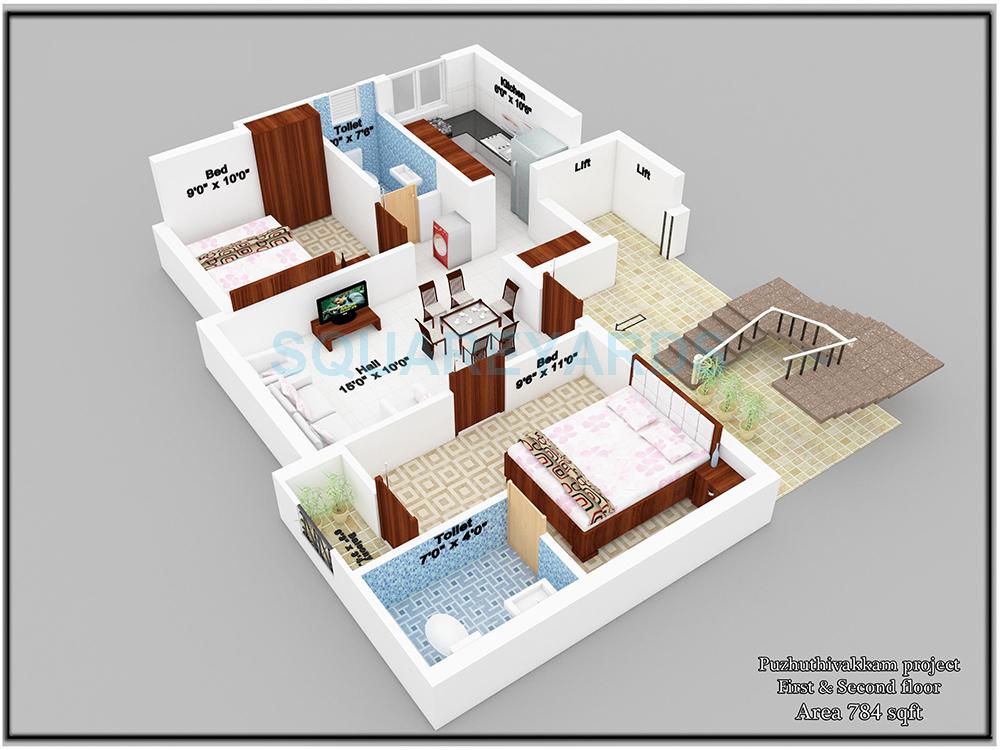 Floor plan of 2 BHK 784 Sq. Ft. Apartment in Avanthikkaa Tenements Ruthraa, Chennai