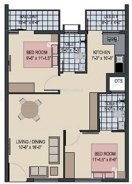 Floor plan of 2 BHK 1010 Sq. Ft. Villa in Avigna Properties Celeste, Chennai
