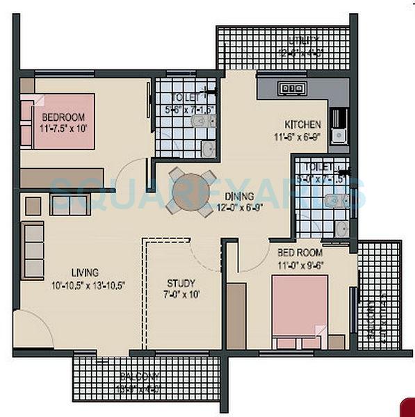 Floor plan of 2 BHK 1245 Sq. Ft. Villa in Avigna Properties Celeste, Chennai