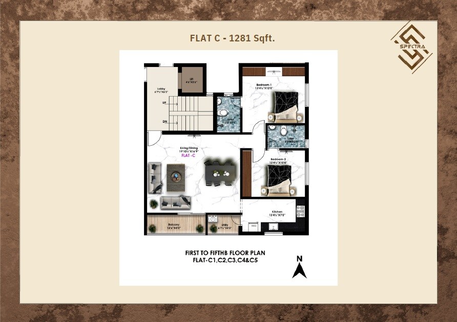 Floor plan of 2 BHK 1281 Sq. Ft. Apartment in Avinya Spectra, Chennai