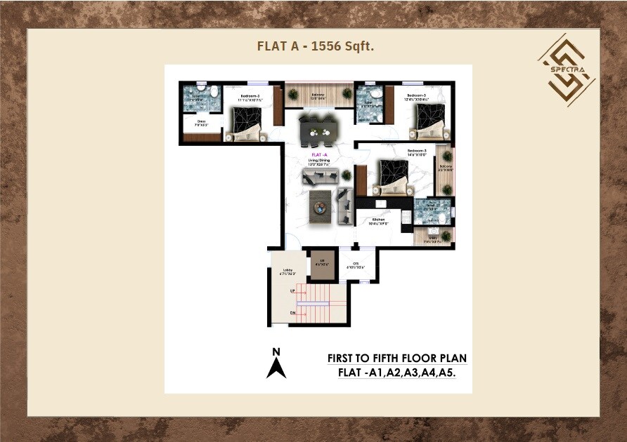 Floor plan of 3 BHK 1556 Sq. Ft. Apartment in Avinya Spectra, Chennai