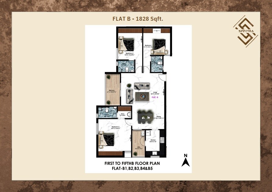 Floor plan of 3 BHK 1828 Sq. Ft. Apartment in Avinya Spectra, Chennai