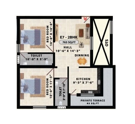 Floor plan of 2 BHK 763 Sq. Ft. Apartment in Avittam Adiyogi Kundrathur, Chennai