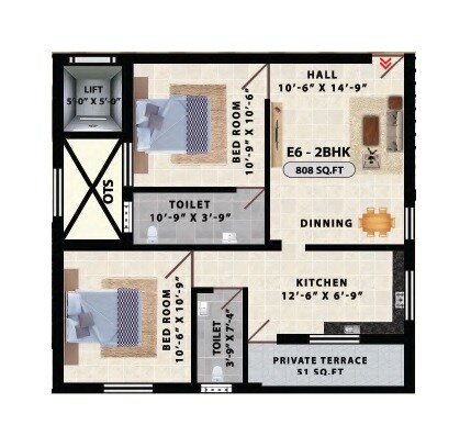 Floor plan of 2 BHK 808 Sq. Ft. Apartment in Avittam Adiyogi Kundrathur, Chennai