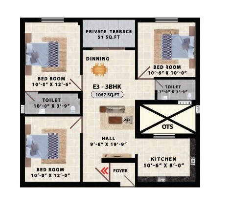 Floor plan of 3 BHK 1067 Sq. Ft. Apartment in Avittam Adiyogi Kundrathur, Chennai