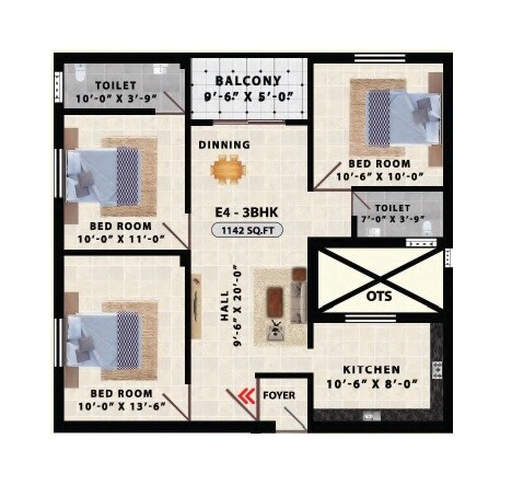 Floor plan of 3 BHK 1142 Sq. Ft. Apartment in Avittam Adiyogi Kundrathur, Chennai