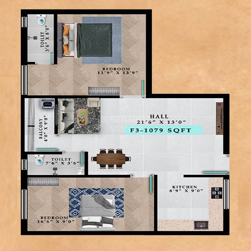 Floor plan of 2 BHK 1079 Sq. Ft. Apartment in Avittam Karnan, Chennai