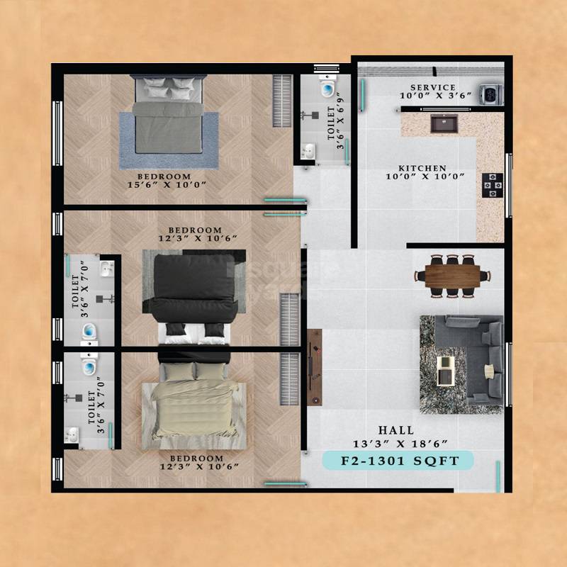 Floor plan of 3 BHK 1301 Sq. Ft. Apartment in Avittam Karnan, Chennai
