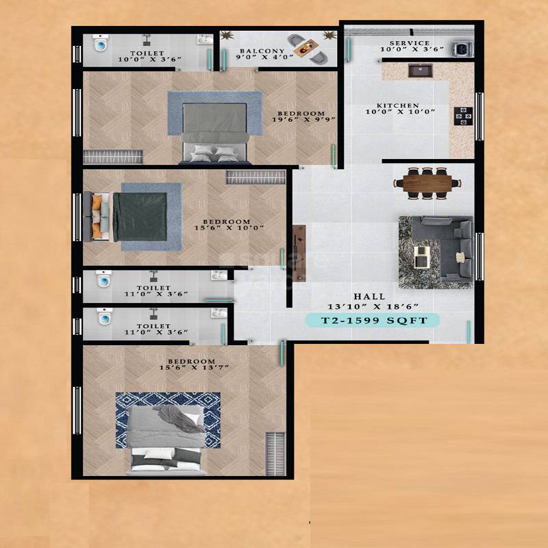 Floor plan of 3 BHK 1599 Sq. Ft. Apartment in Avittam Karnan, Chennai