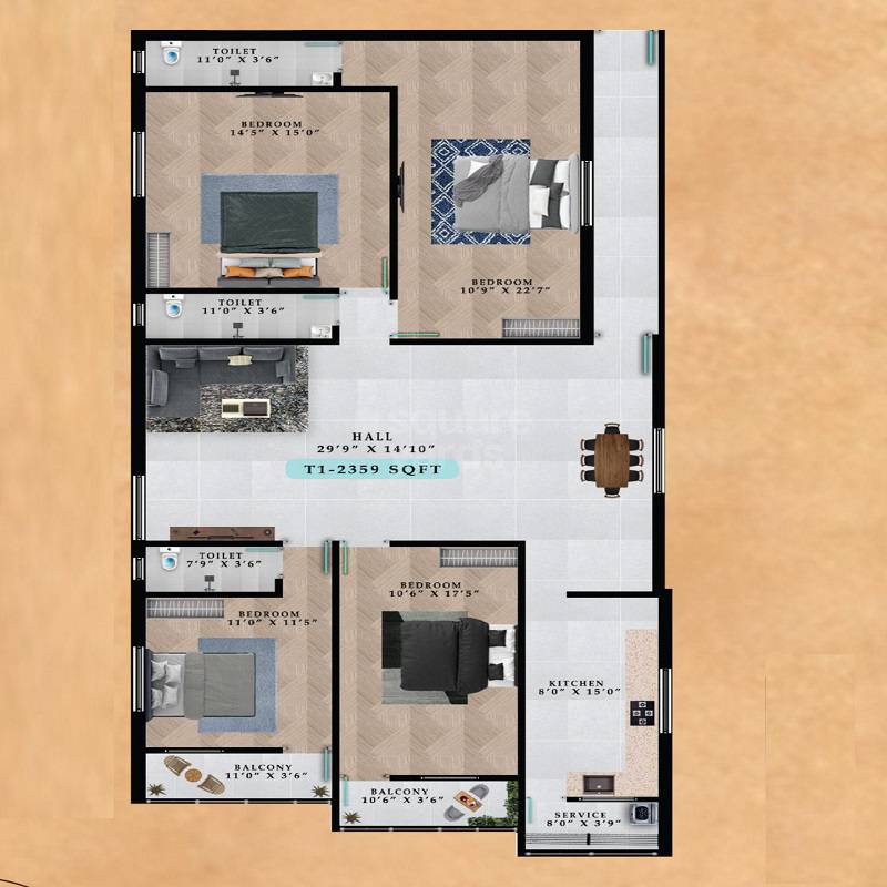Floor plan of 4 BHK 2359 Sq. Ft. Apartment in Avittam Karnan, Chennai
