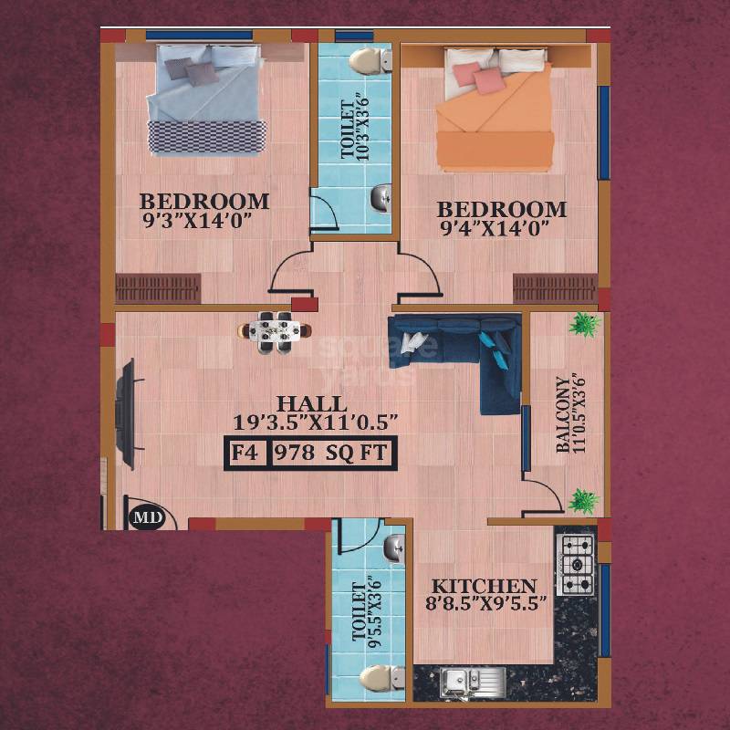Floor plan of 2 BHK 978 Sq. Ft. Apartment in Avittam Parvathy, Chennai