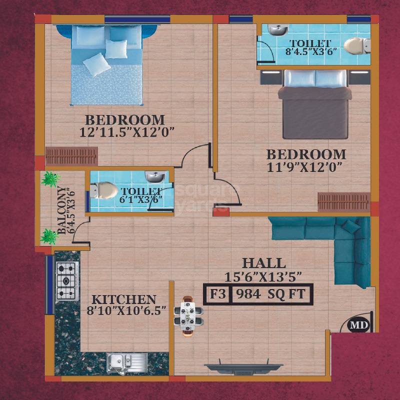 Floor plan of 2 BHK 984 Sq. Ft. Apartment in Avittam Parvathy, Chennai