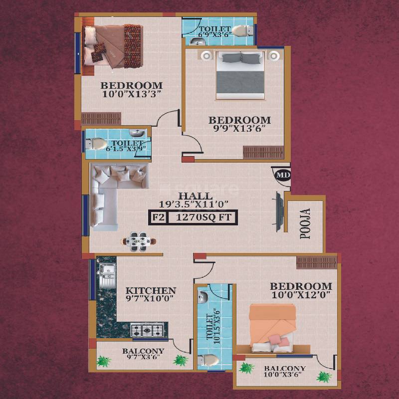 Floor plan of 3 BHK 1270 Sq. Ft. Apartment in Avittam Parvathy, Chennai