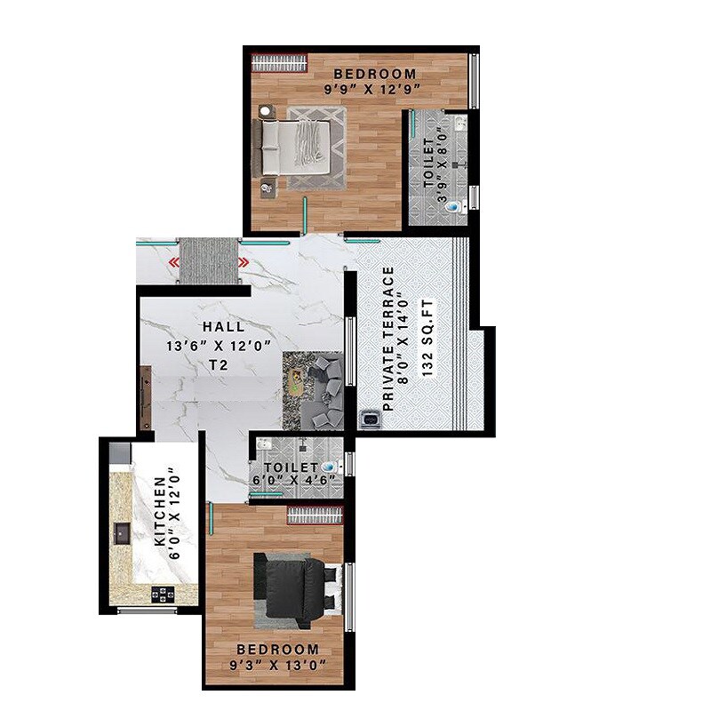 Floor plan of 2 BHK 573 Sq. Ft. Apartment in Avittam Vidhuran, Chennai