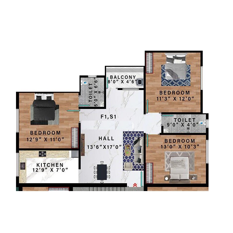 Floor plan of 3 BHK 829 Sq. Ft. Apartment in Avittam Vidhuran, Chennai