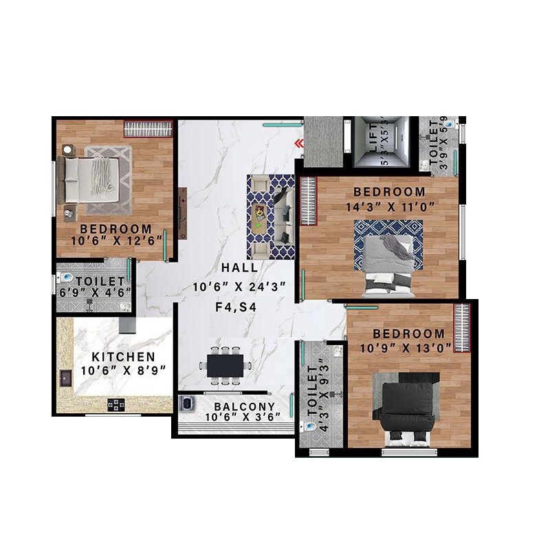 Floor plan of 3 BHK 907 Sq. Ft. Apartment in Avittam Vidhuran, Chennai