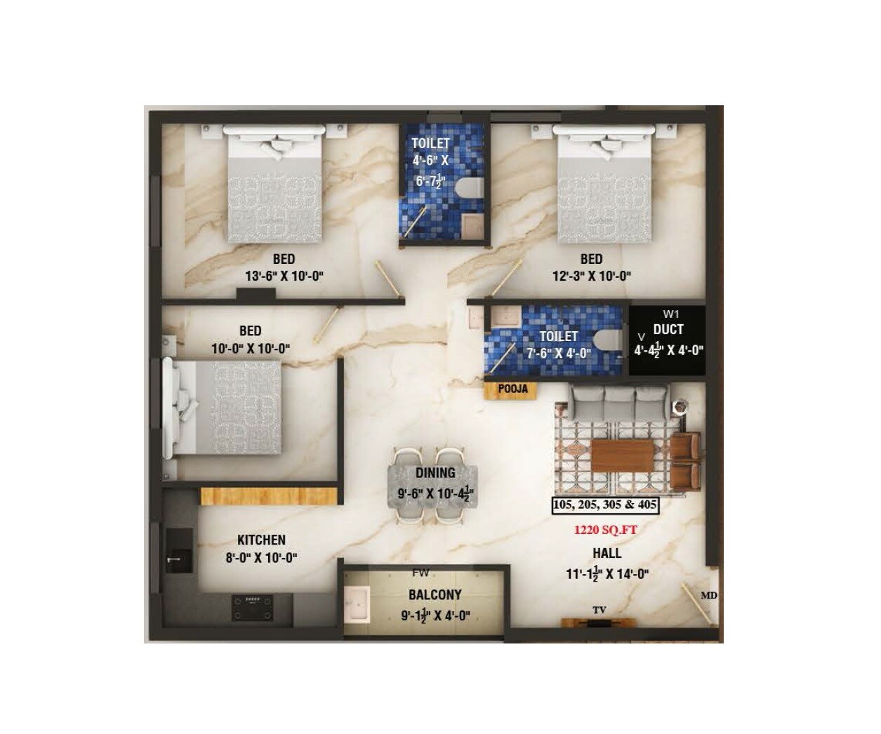 Floor plan of 3 BHK 1220 Sq. Ft. Apartment in Ayyan Devesh, Chennai