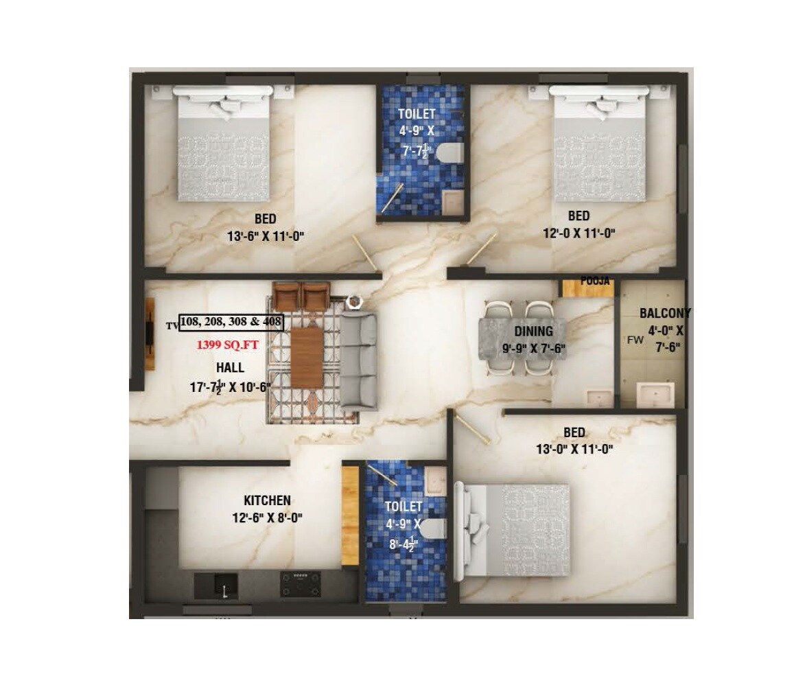 3 BHK 1399 Sq. Ft. Apartment