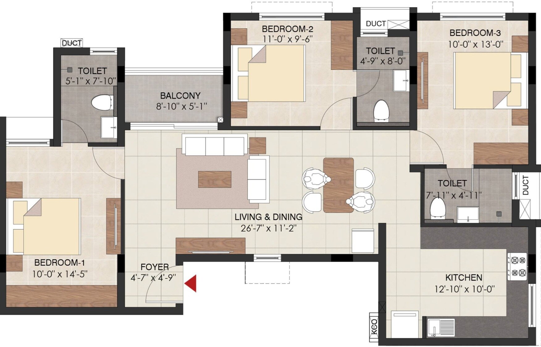 Floor plan of 3 BHK 1357 Sq. Ft. Apartment in BBCL Dhriti, Chennai