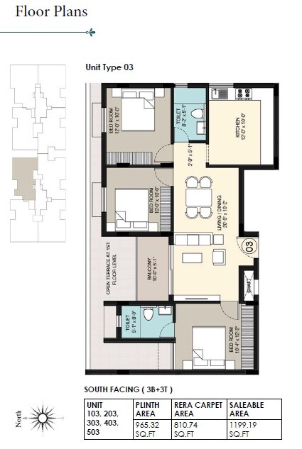 Floor plan of 3 BHK Apartment - 1199 sq. ft. in BBCL Eshana, Chennai