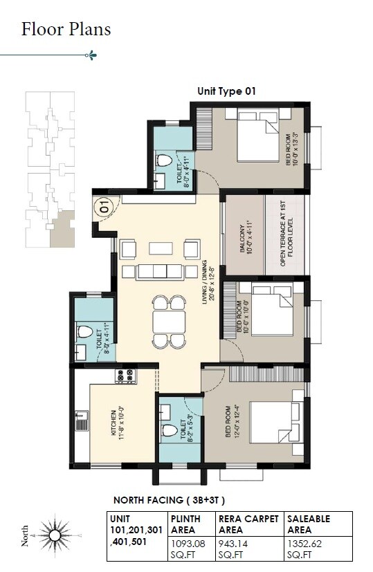 Floor plan of 3 BHK Apartment - 1352 sq. ft. in BBCL Eshana, Chennai