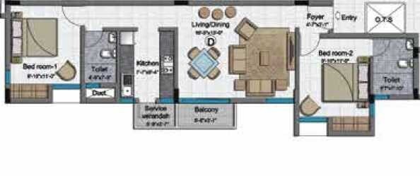 Floor plan of 2 BHK 999 Sq. Ft. Apartment in BBCL Navarathina, Chennai