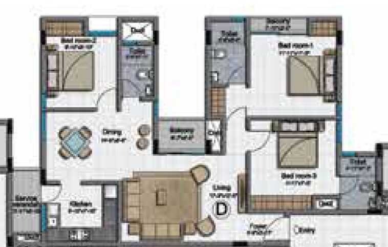 Floor plan of 3 BHK 1527 Sq. Ft. Apartment in BBCL Navarathina, Chennai