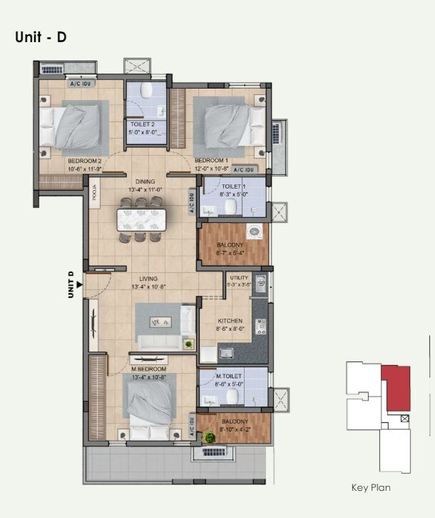Floor plan of 3 BHK 1328 Sq. Ft. Apartment in BBCL Sanskriti, Chennai