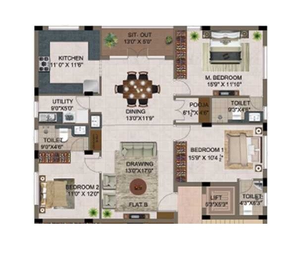 Floor plan of 3 BHK 1622 Sq. Ft. Apartment in Bhaggyam Aiswarya, Chennai