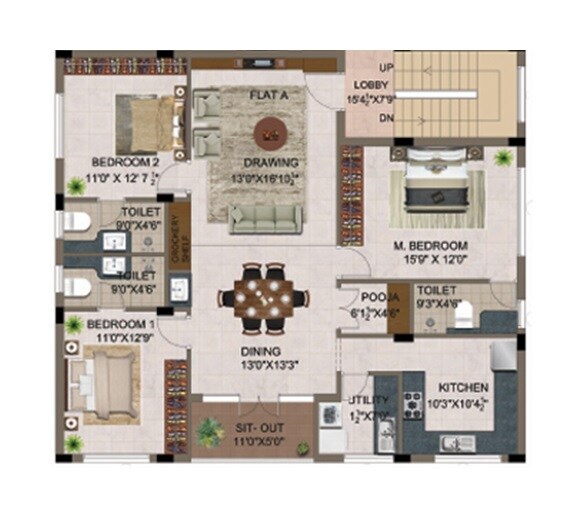 Floor plan of 3 BHK 1628 Sq. Ft. Apartment in Bhaggyam Aiswarya, Chennai