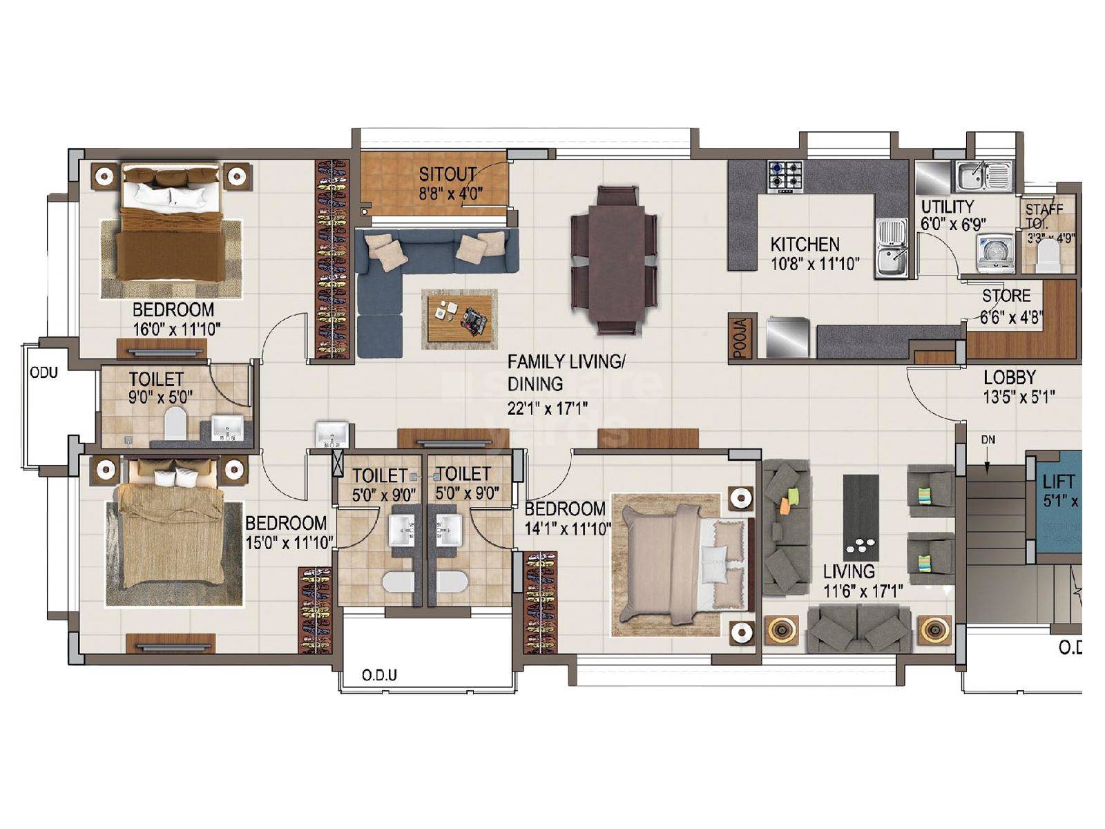 Floor plan of 3 BHK 1948 Sq. Ft. Apartment in Bhaggyam Cricket Villa, Chennai