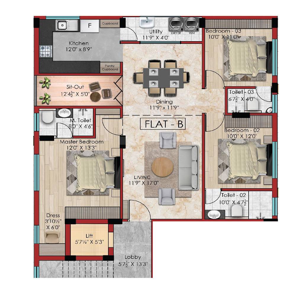 Floor plan of 3 BHK 1439 Sq. Ft. Apartment in Bhaggyam Radha Vallabh, Chennai