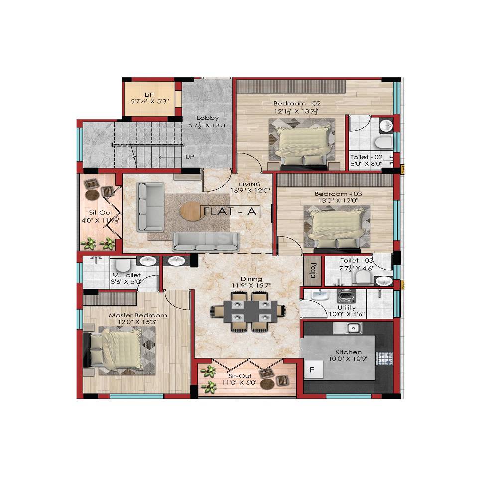 Floor plan of 3 BHK 1771 Sq. Ft. Apartment in Bhaggyam Radha Vallabh, Chennai