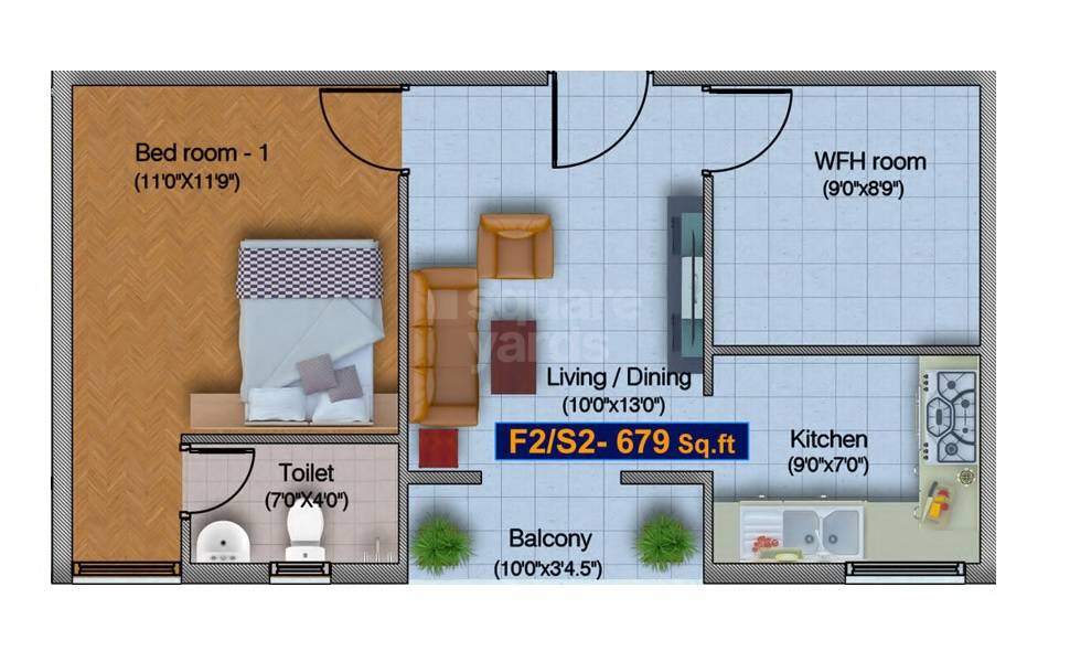 Floor plan of 1 BHK 679 Sq. Ft. Apartment in Blucon Sunshine, Chennai