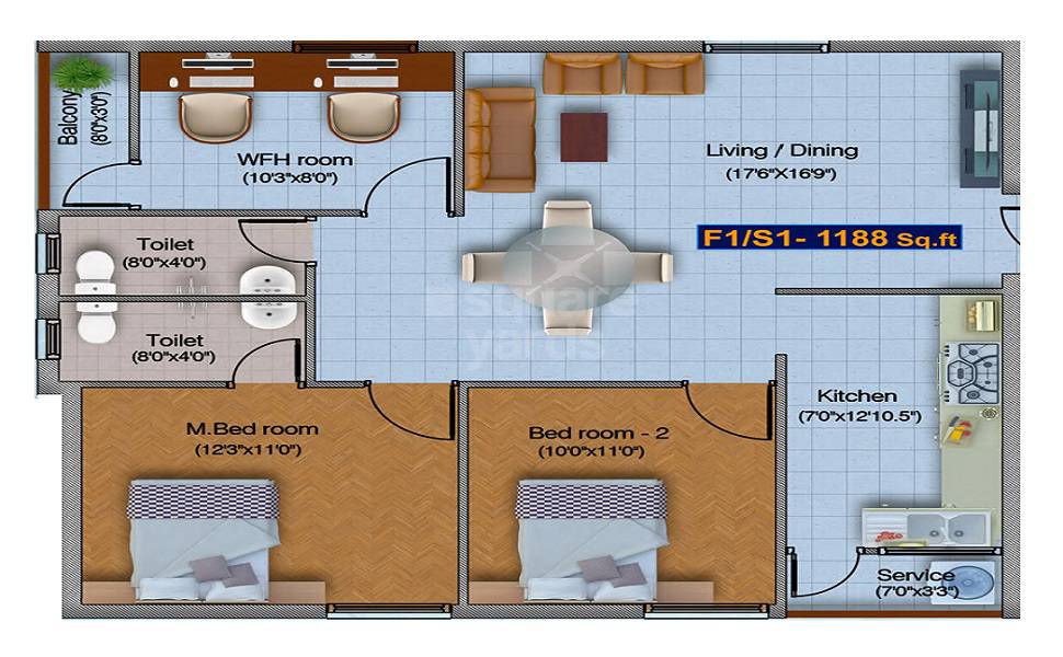 Floor plan of 2 BHK 1188 Sq. Ft. Apartment in Blucon Sunshine, Chennai