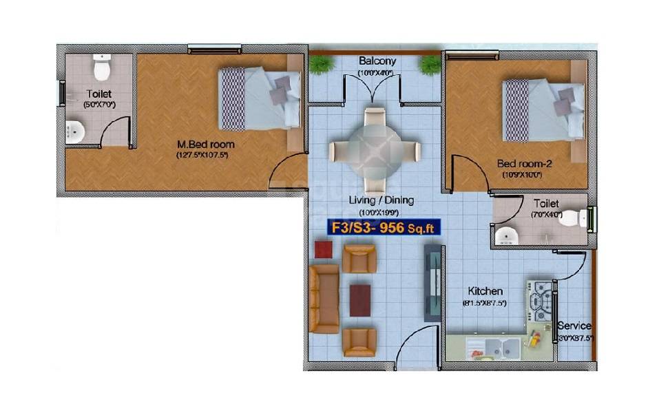 Floor plan of 2 BHK 956 Sq. Ft. Apartment in Blucon Sunshine, Chennai