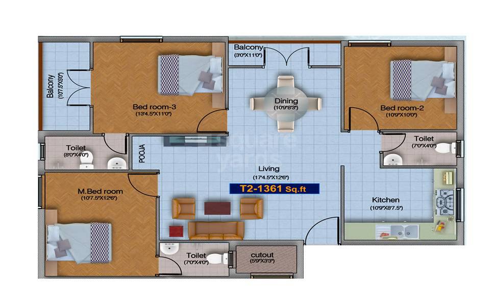 Floor plan of 3 BHK 1361 Sq. Ft. Apartment in Blucon Sunshine, Chennai