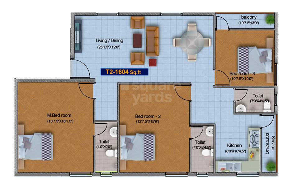 Floor plan of 3 BHK 1604 Sq. Ft. Apartment in Blucon Sunshine, Chennai