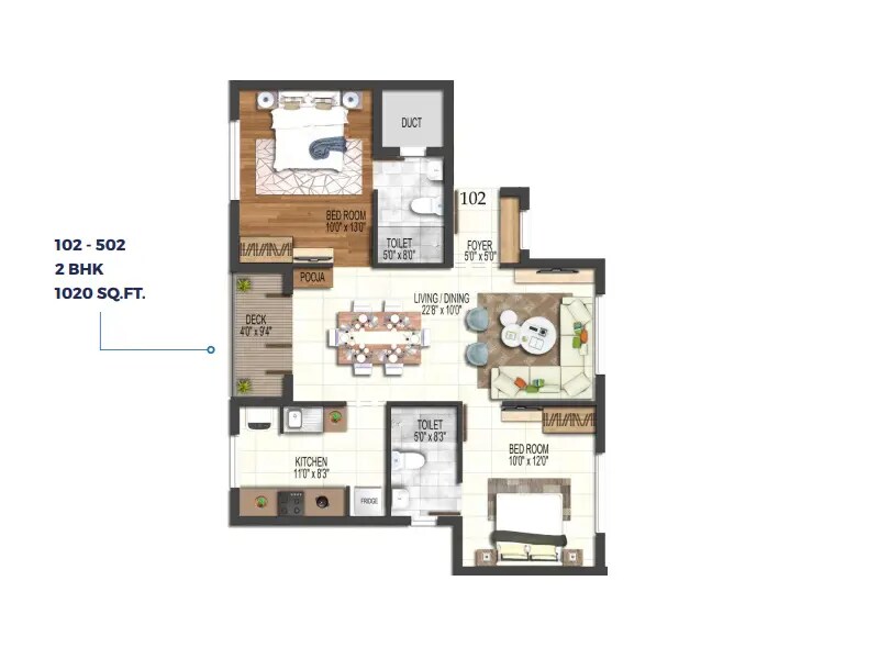 Floor plan of 2 BHK 1020 Sq. Ft. Apartment in Bluemoon Callisto, Chennai