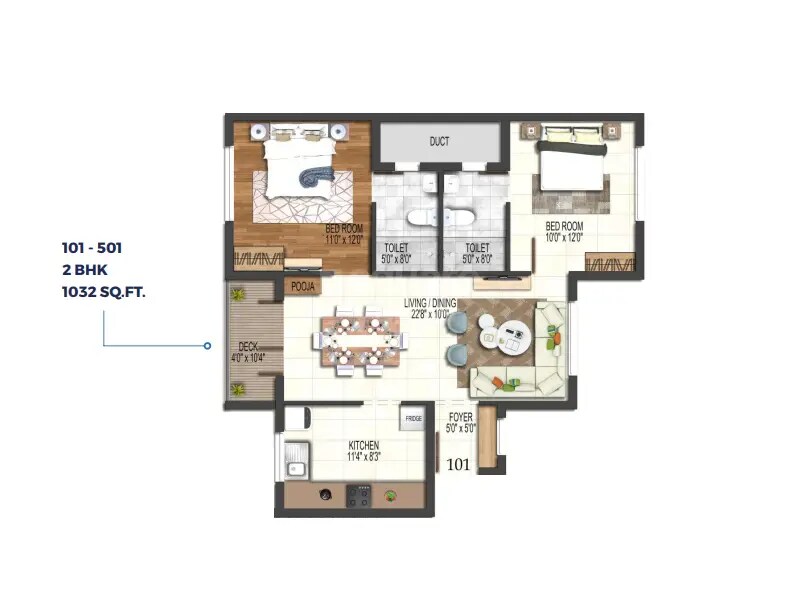 Floor plan of 2 BHK 1032 Sq. Ft. Apartment in Bluemoon Callisto, Chennai
