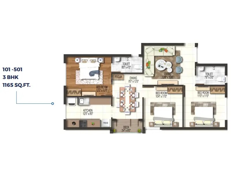 Floor plan of 3 BHK 1165 Sq. Ft. Apartment in Bluemoon Callisto, Chennai