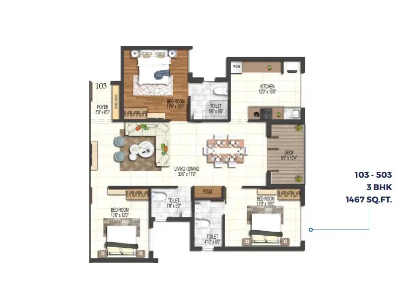 Floor plan of 3 BHK 1467 Sq. Ft. Apartment in Bluemoon Callisto, Chennai