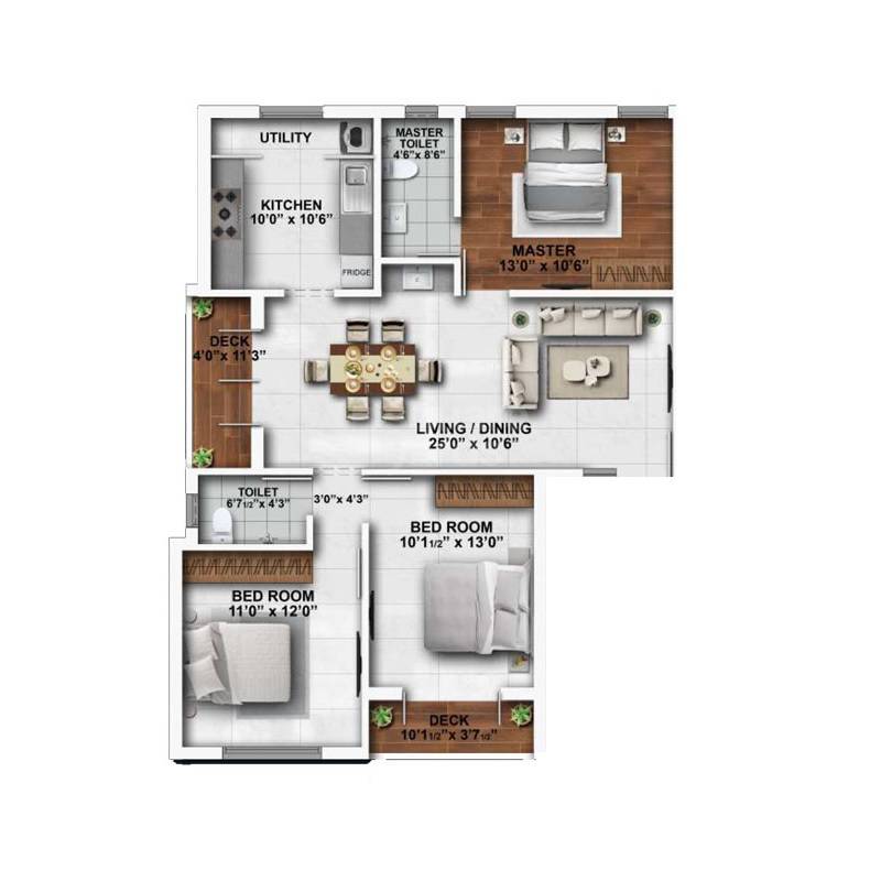 Floor plan of 3 BHK 901 Sq. Ft. Apartment in Bluemoon Dasha, Chennai