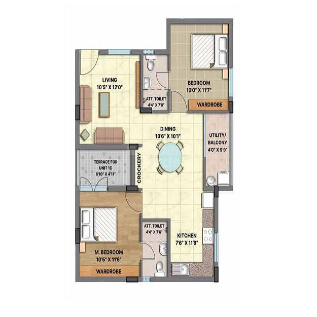 Floor plan of 2 BHK 1025 Sq. Ft. Apartment in RLD Triveni, Chennai